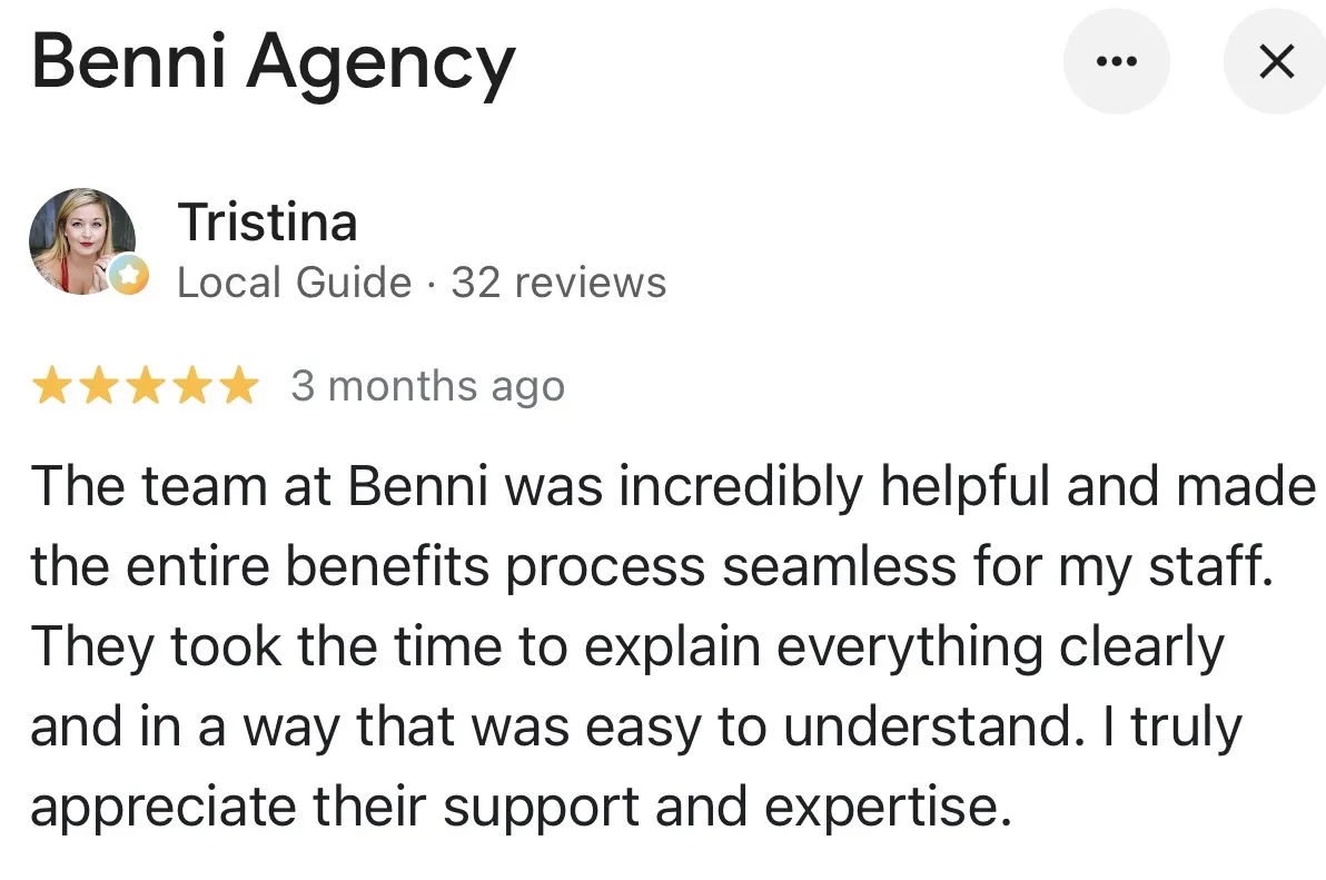 benni-client-review-tristina Customer review about Benni Agency's helpful support and easy employee benefits process