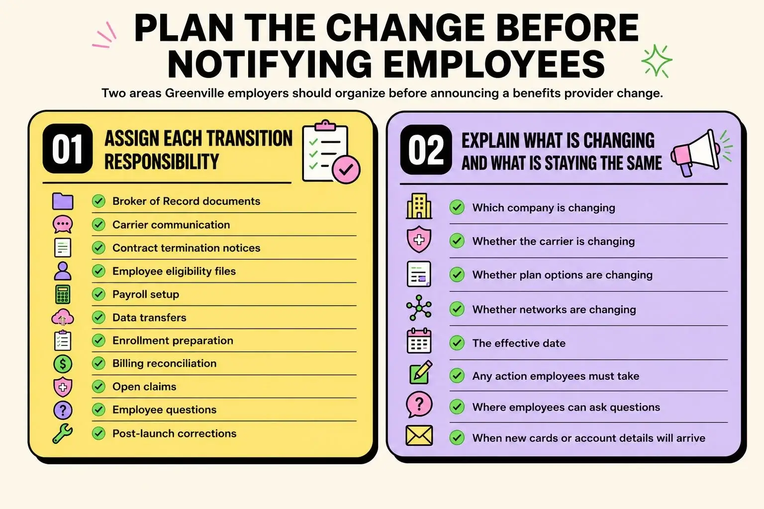Infographic showing what Greenville employers should plan before notifying employees about a benefits provider change