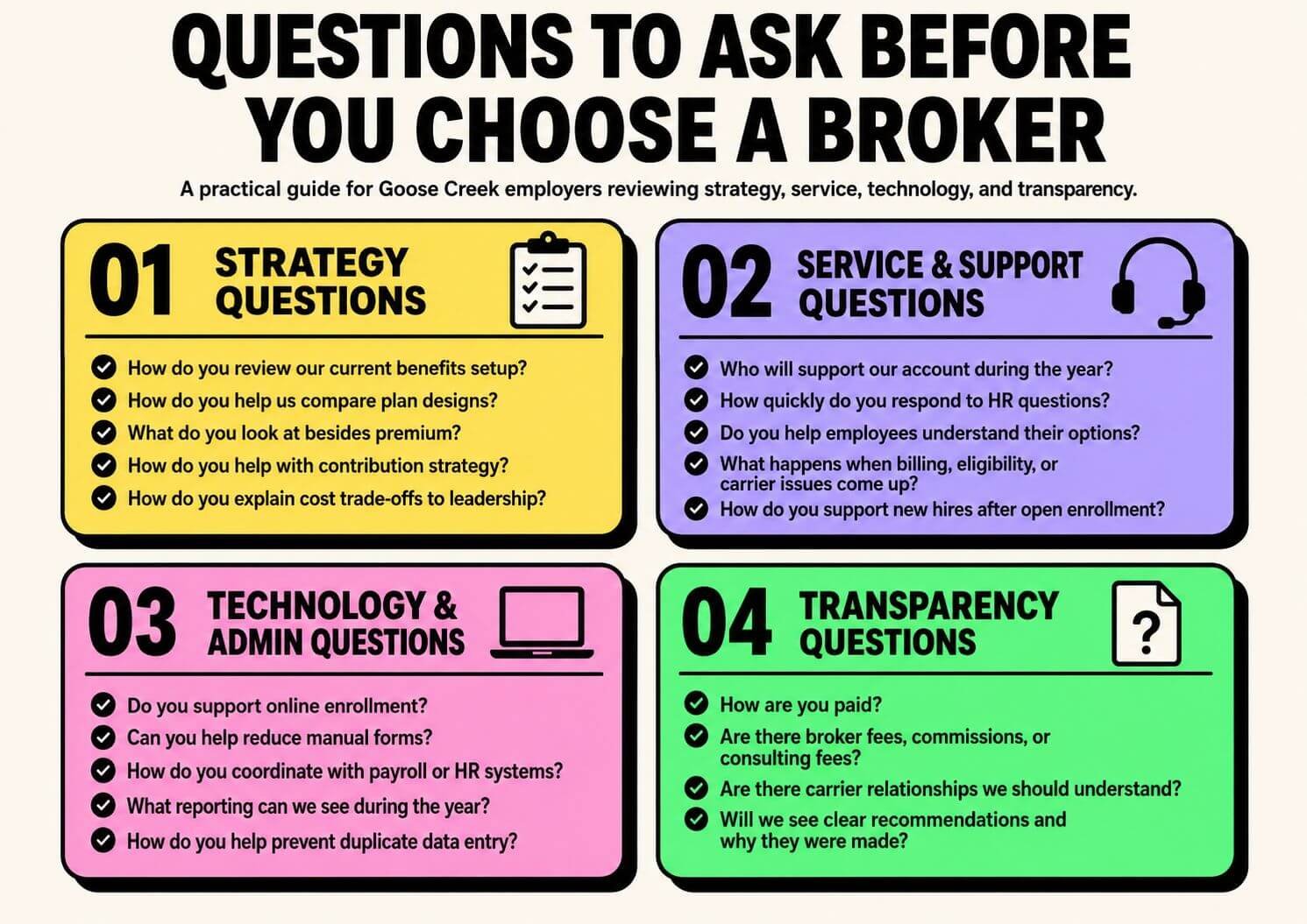 How to Choose a Goose Creek Insurance Broker for Employers Infographic with questions employers should ask before choosing an insurance broker