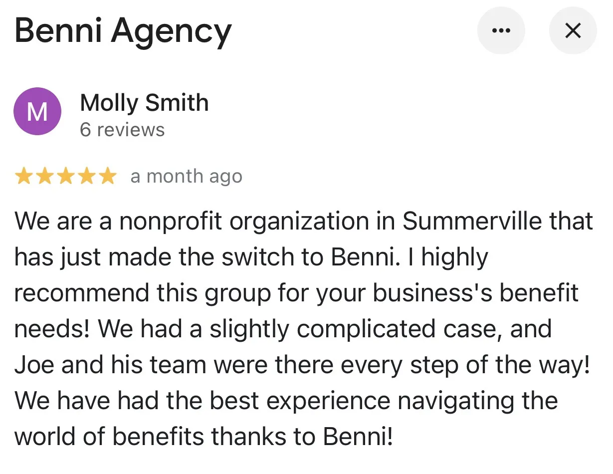 summerville-client-review Customer review from a Summerville nonprofit praising Benni Agency's employee benefits guidance