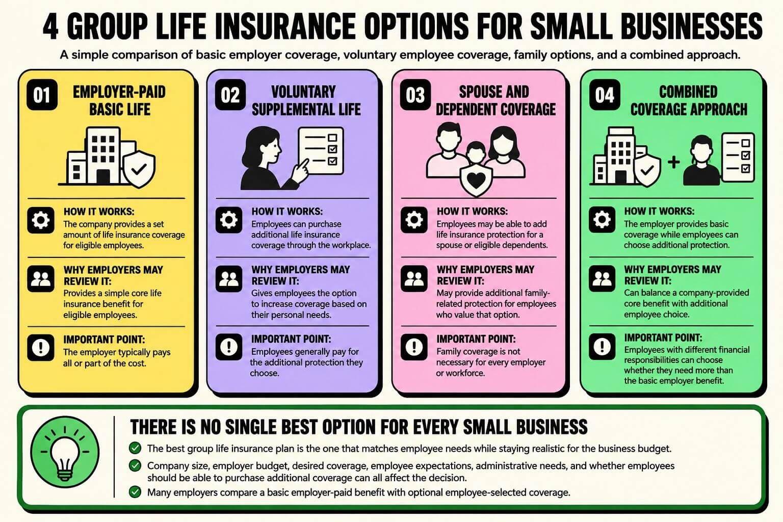 Infographic comparing four group life insurance options for small businesses, including employer-paid basic life, voluntary supplemental life, dependent coverage, and combined coverage.