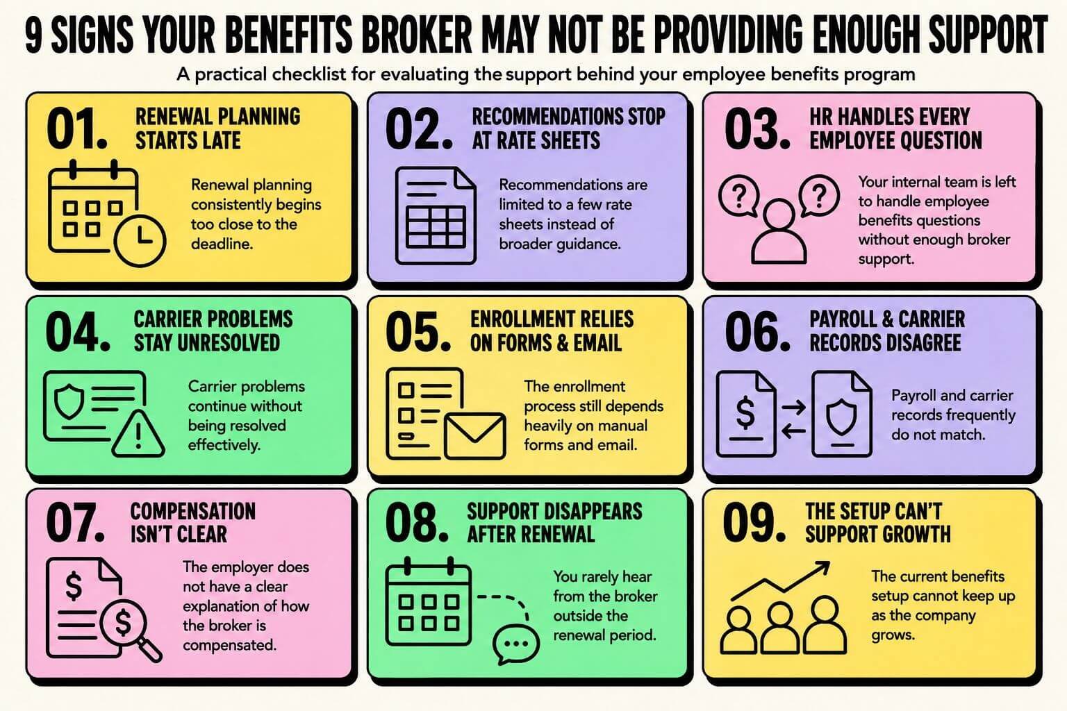 9-signs-your-benefits-broker-may-not-be-providing-enough-support Infographic showing nine signs a benefits broker may not provide enough support, including late renewals, unresolved carrier issues, unclear compensation, weak enrollment support, and poor scalability.