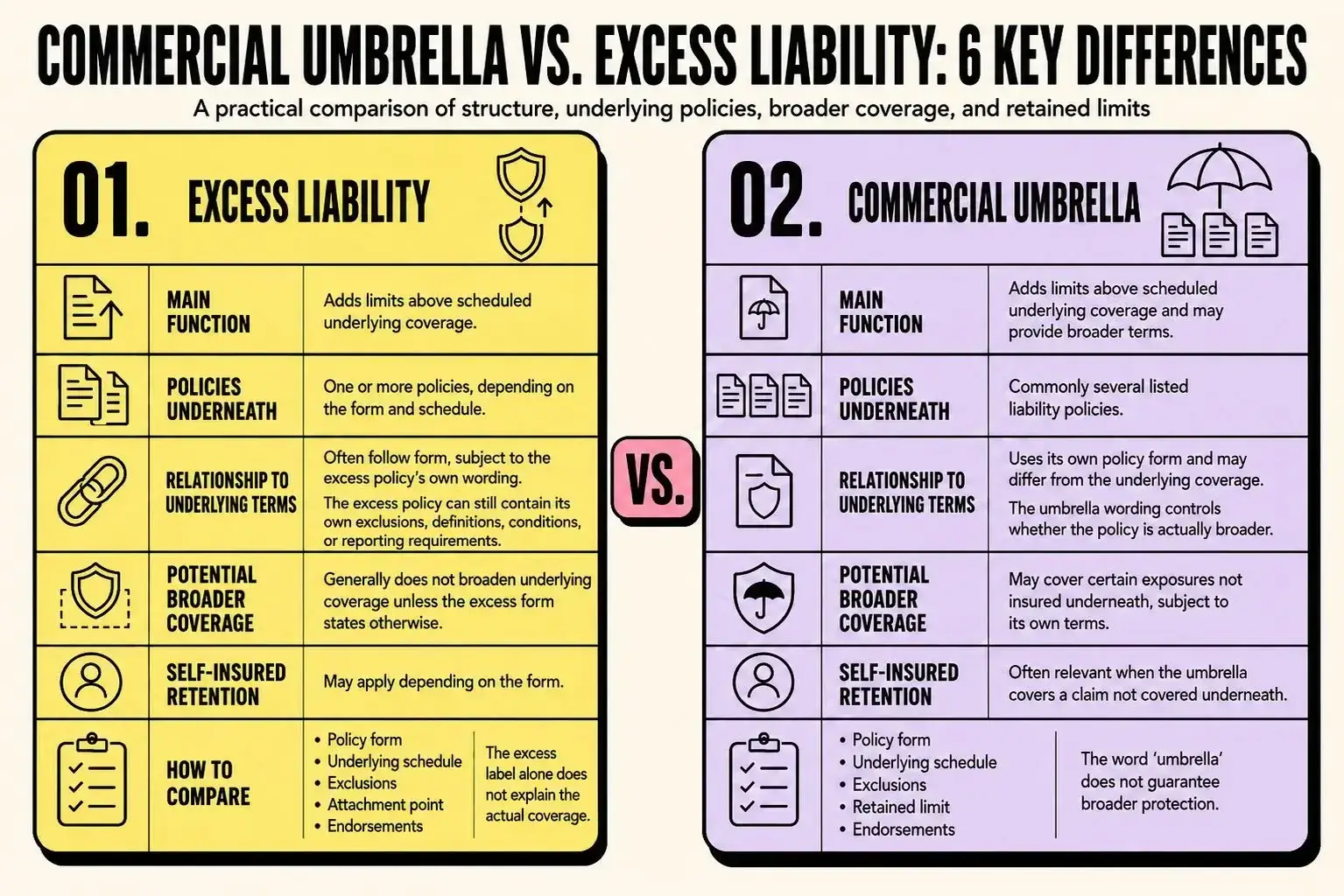 Getbenni.com | Charleston Commercial Umbrella vs Excess Liability Side-by-side comparison of commercial umbrella and excess liability insurance, including underlying policies, coverage terms, broader coverage, retention, and comparison points.