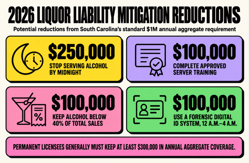 charleston-liquor-liability-mitigation-reductions Infographic showing four 2026 South Carolina liquor liability mitigation reductions for Charleston bars, including midnight service cutoff, server training, alcohol sales percentage, and forensic digital ID use.