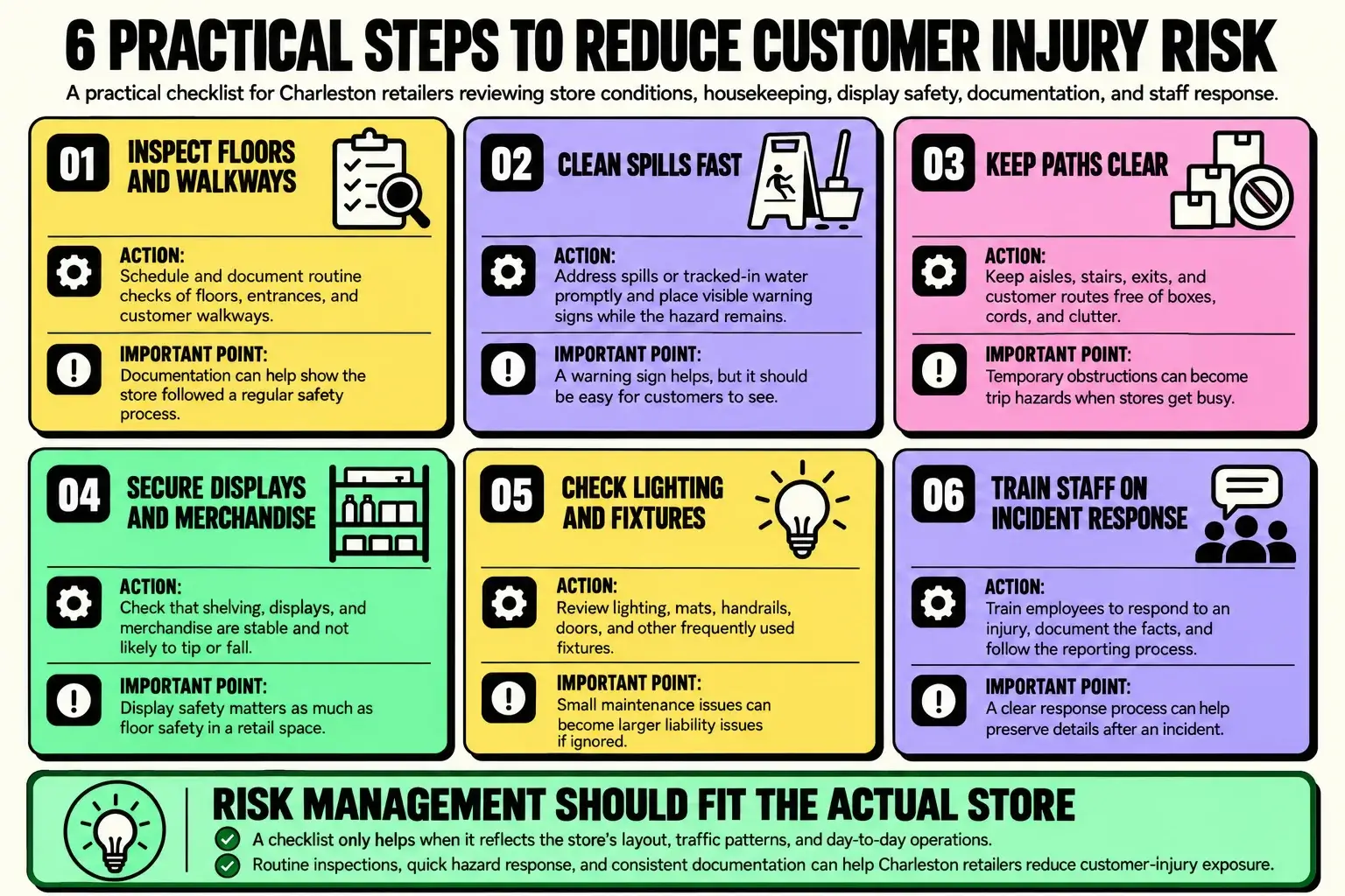 charleston-retail-customer-injury-risk-reduction-steps Infographic showing six practical steps Charleston retailers can take to reduce customer injury risk, including inspecting floors and walkways, cleaning spills fast, keeping paths clear, securing displays and merchandise, checking lighting and fixtures, and training staff on incident response.