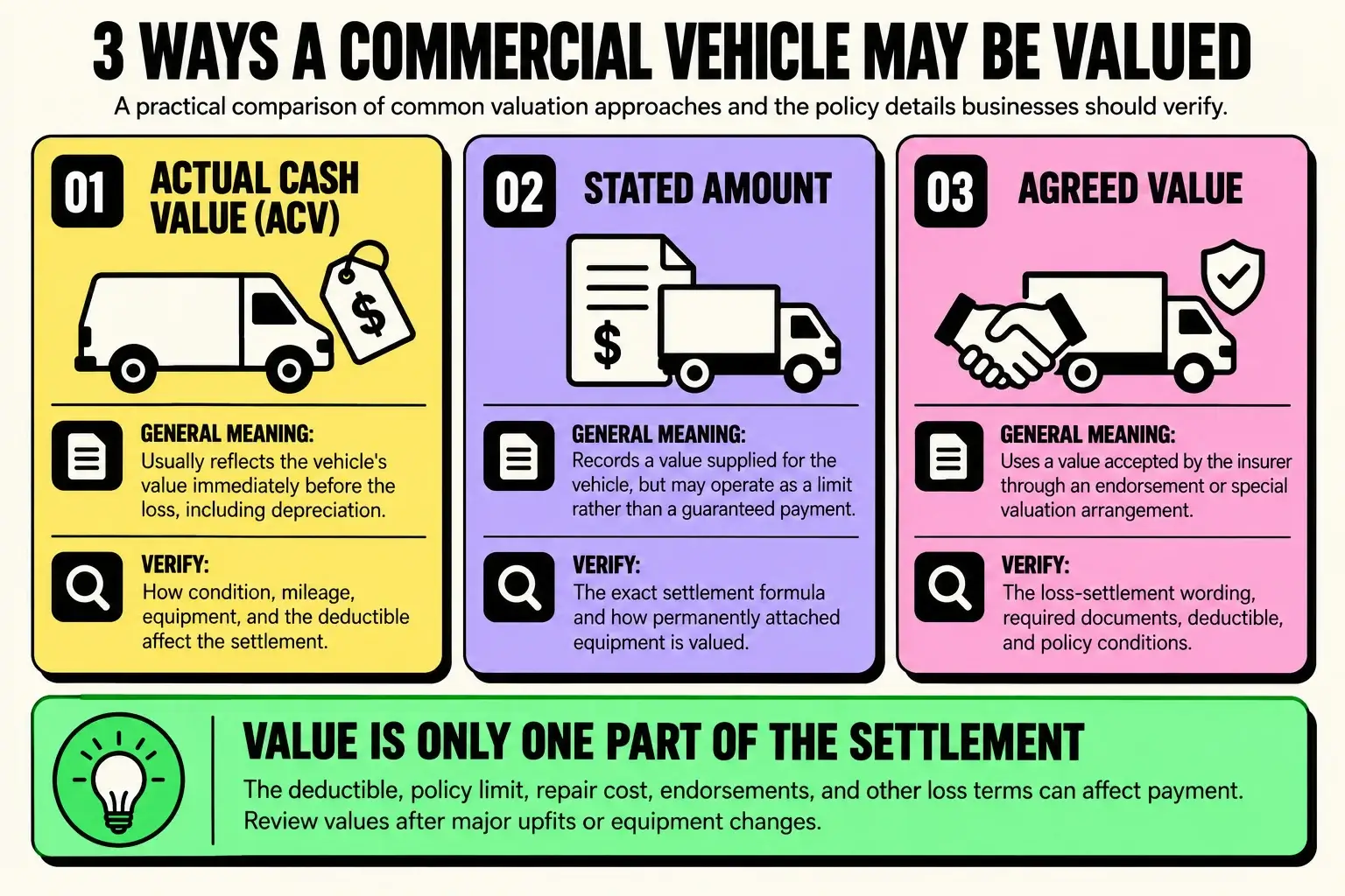 commercial-auto-vehicle-valuation-options Infographic comparing actual cash value, stated amount, and agreed value approaches for commercial vehicles, including important settlement details Charleston businesses should verify.