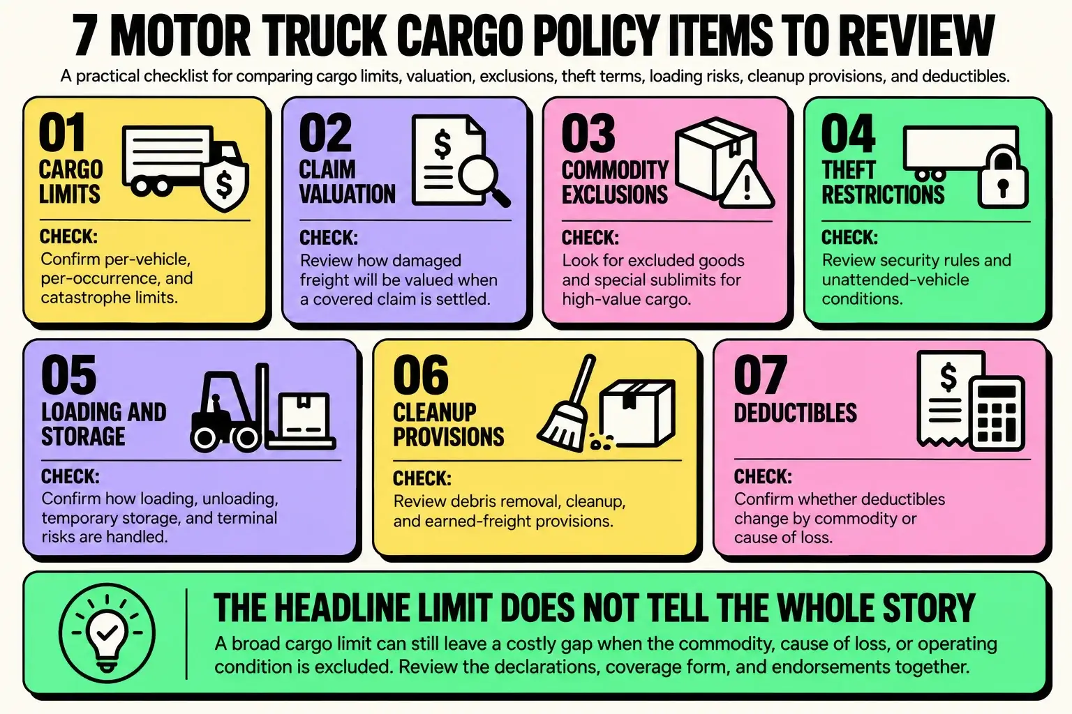 motor-truck-cargo-policy-items-to-review Infographic showing seven motor truck cargo policy items to review, including cargo limits, claim valuation, commodity exclusions, theft restrictions, loading and storage, cleanup provisions, and deductibles