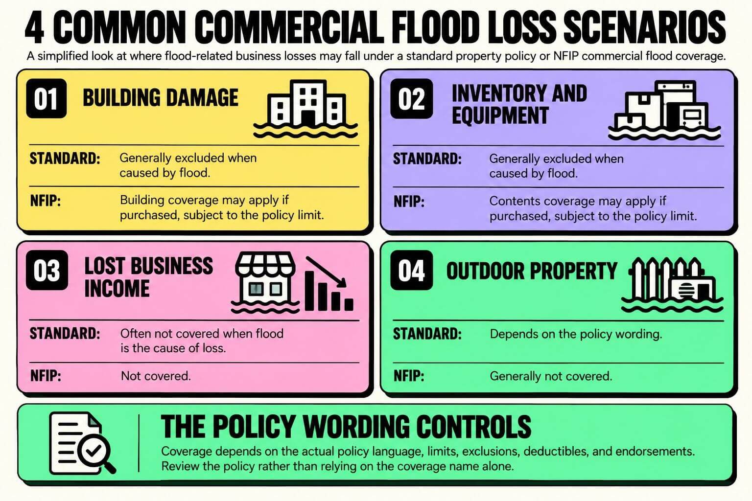 Mount Pleasant Flood Insurance Gaps Businesses Often Miss Infographic comparing four common commercial flood loss scenarios, including building damage, inventory and equipment, lost business income, and outdoor property, across standard property coverage and NFIP commercial flood insurance.