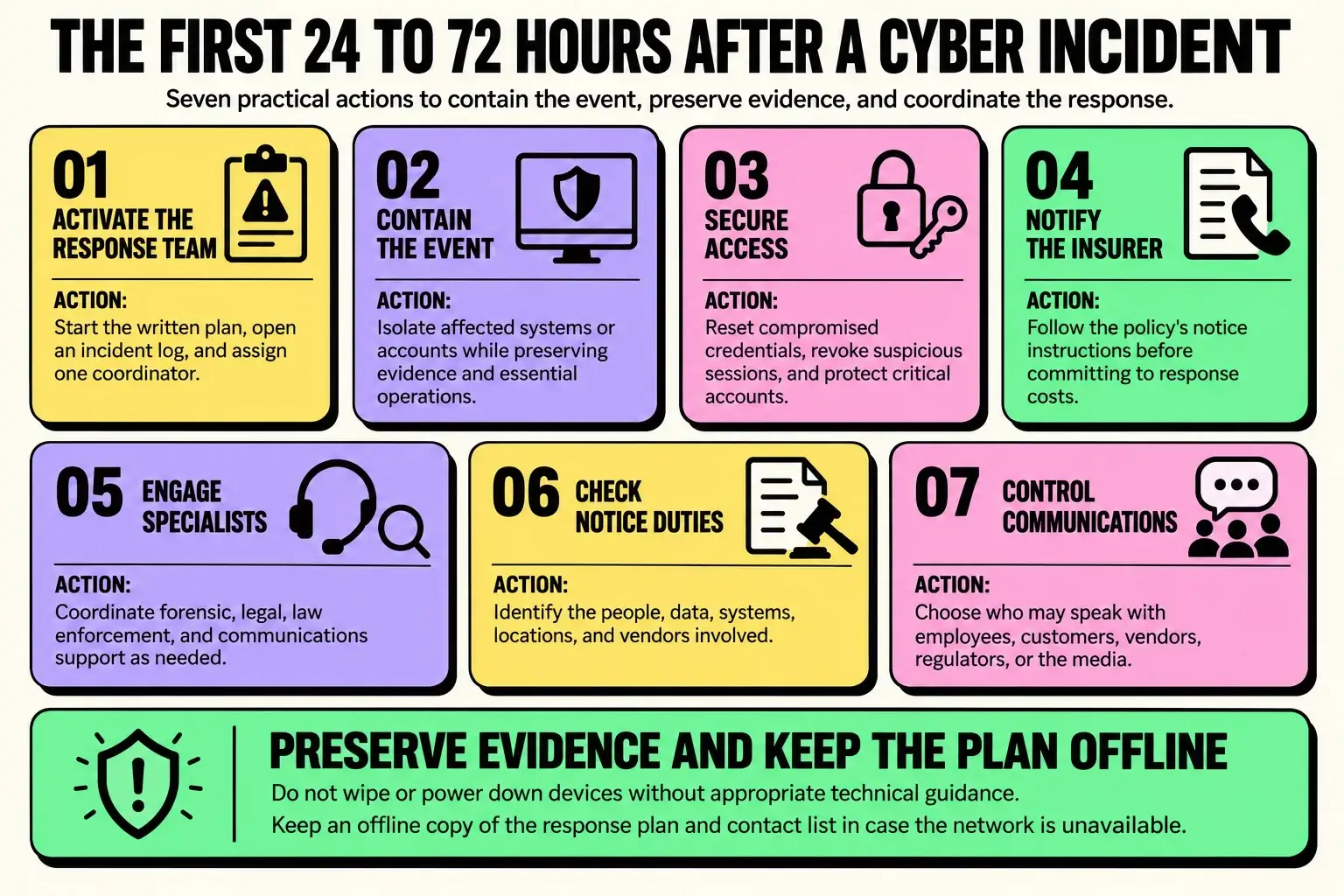 mount-pleasant-cyber-incident-first-72-hours Infographic showing seven actions businesses should take during the first 24 to 72 hours after a cyber incident, including activating the response team, containing the event, securing access, notifying the insurer, engaging specialists, checking notification duties, and controlling communications.