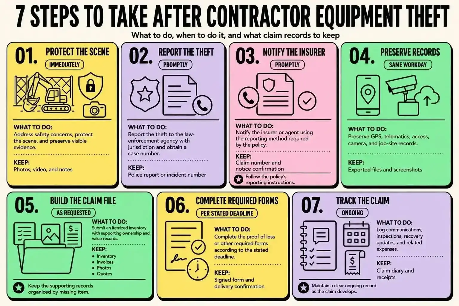 summerville-contractor-equipment-theft-claim-checklist 7 steps contractors should take after equipment theft, including reporting the loss, preserving records, notifying the insurer, and tracking the claim.