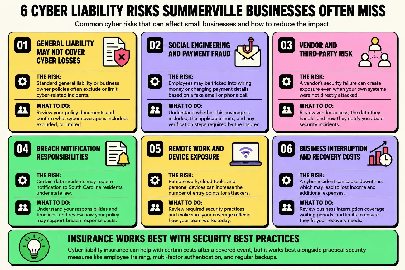 summerville-cyber-liability-risks-business-owners-overlook Infographic showing six cyber liability risks Summerville business owners often miss, including general liability coverage gaps, social engineering fraud, vendor exposure, breach notification responsibilities, remote work risks, and business interruption costs.