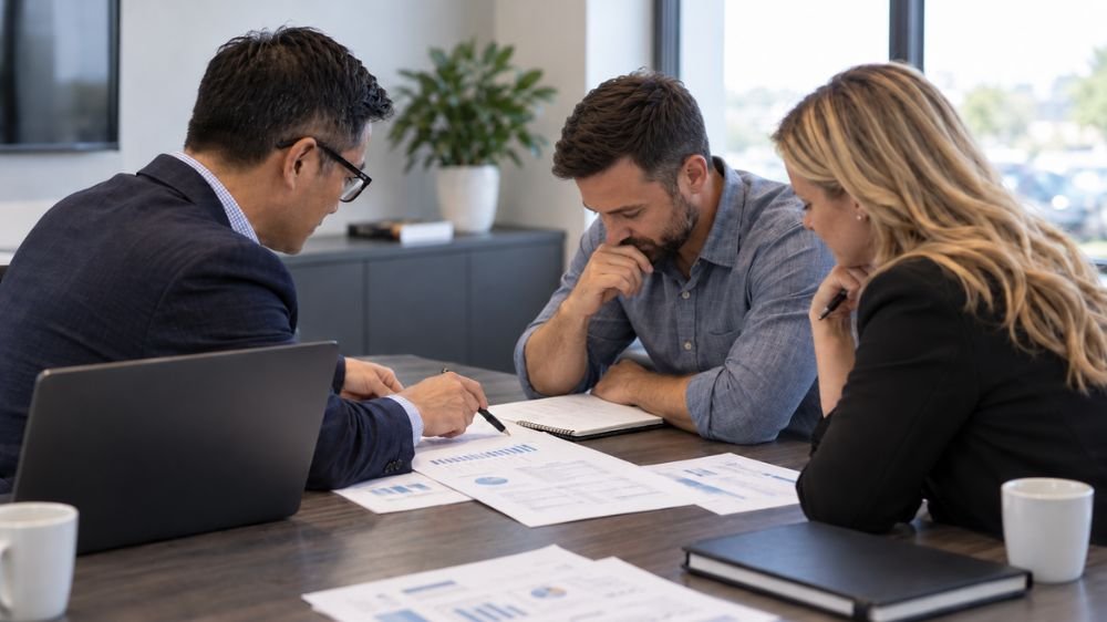 Business owners reviewing business insurance costs and coverage options with an insurance advisor