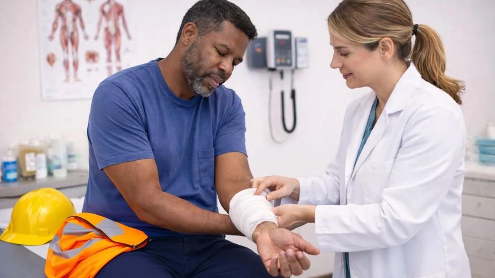 Healthcare professional bandaging a man's injured forearm during a medical examination