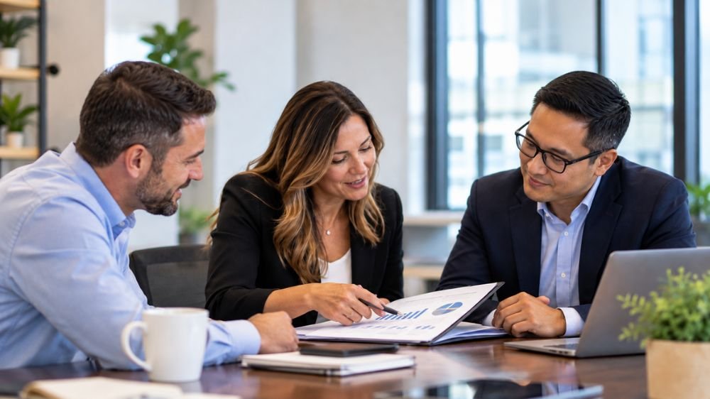 business-insurance-contract-review Three business professionals reviewing charts and insurance-related information during an office meeting.