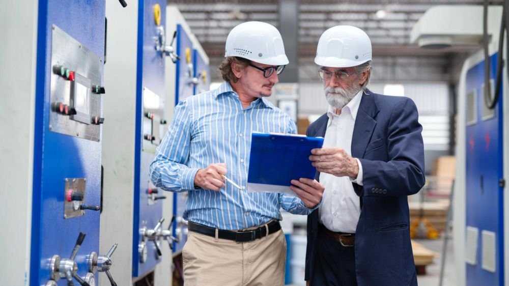 Insurance advisor and business managers reviewing equipment and operational risks during a workplace assessment