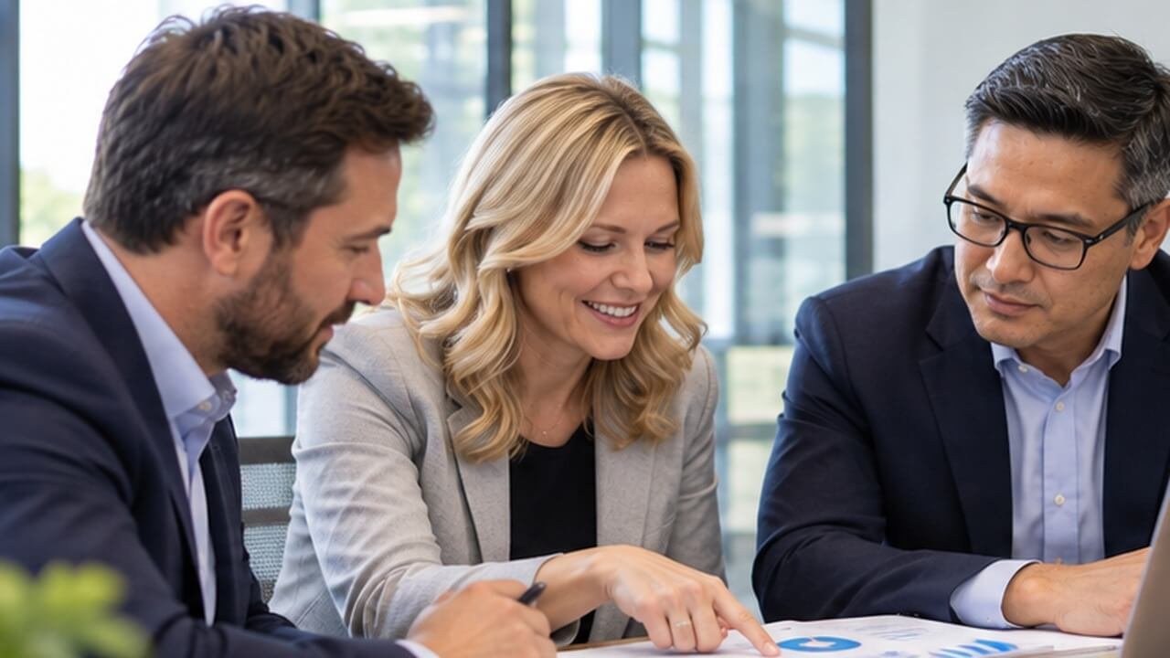 business-insurance-quote-underwriting-review Insurance professionals reviewing business documents and charts during a coverage discussion
