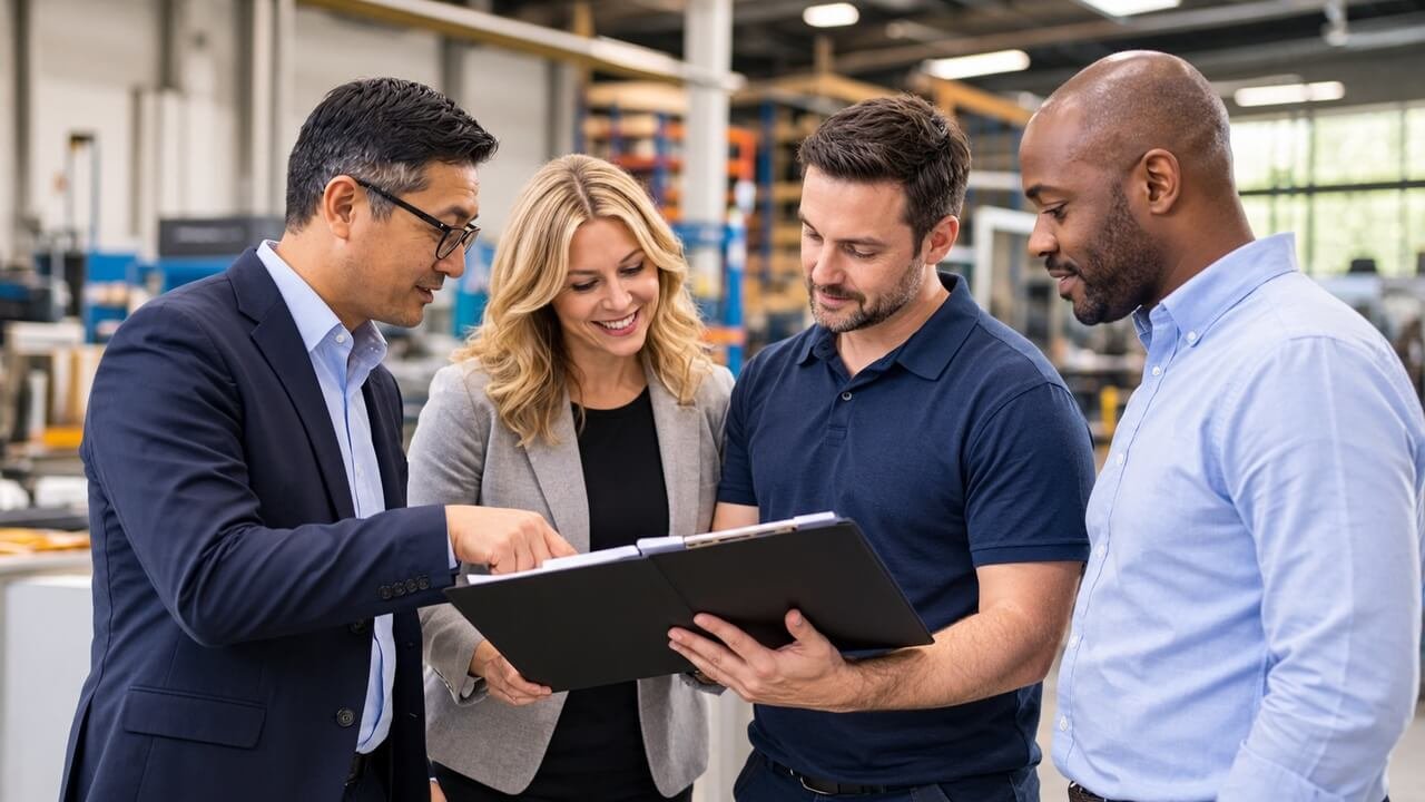 business-insurance-workplace-risk-review Business professionals reviewing operational information and insurance considerations inside an industrial workplace.