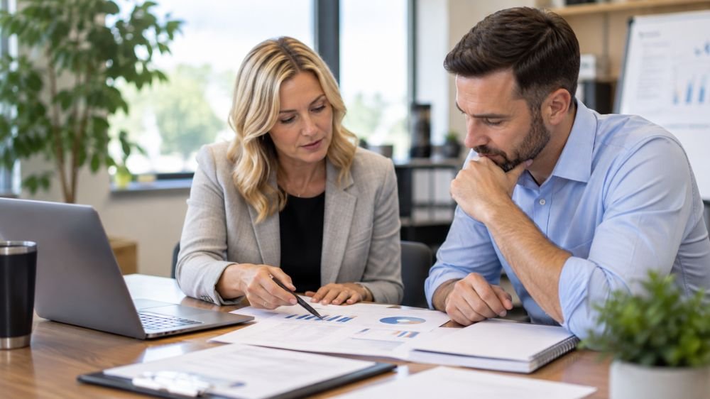 business-interruption-income-claim-records A business owner and insurance adviser reviewing financial reports and charts to assess income and operating expenses.