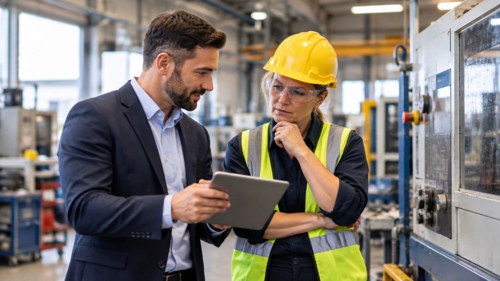 business-interruption-workplace-risk-review A business adviser and factory supervisor review equipment and operational risks inside a manufacturing facility.