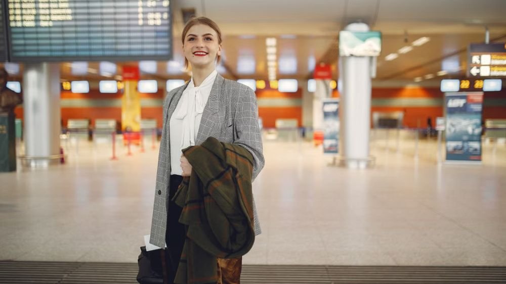 Businesswoman traveling for work at an airport terminal