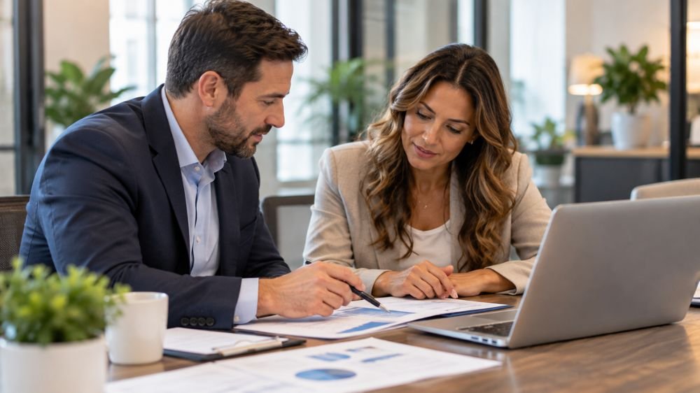 cleaning-business-insurance-quote Business professionals reviewing insurance documents and coverage details during an office meeting.