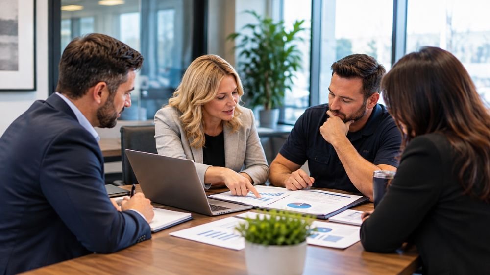 commercial-auto-insurance-coverage-review Business owner and insurance representatives reviewing commercial auto insurance coverage documents during a meeting.