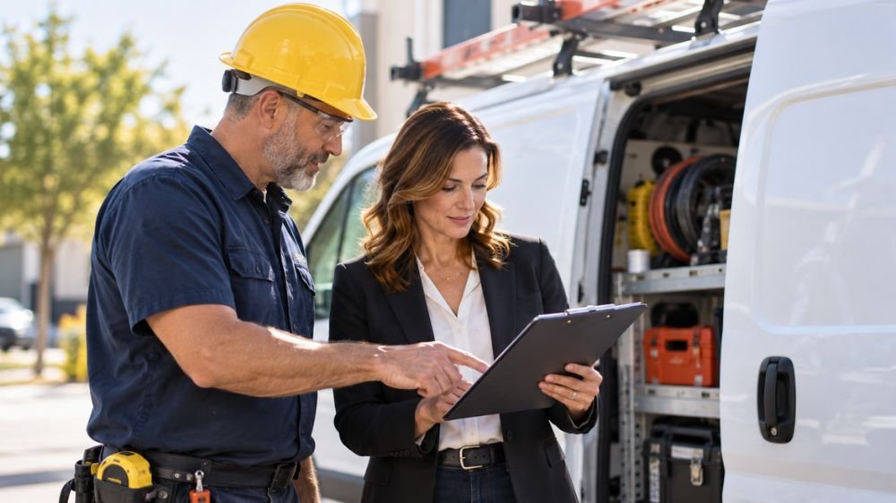 commercial-auto-insurance-work-vehicle-inspection Contractor and business representative reviewing vehicle information beside a commercial work van carrying tools and equipment.