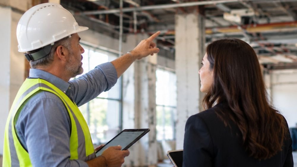 commercial-building-inspection Building inspector wearing a hard hat points toward exposed ceiling systems while a business professional observes.