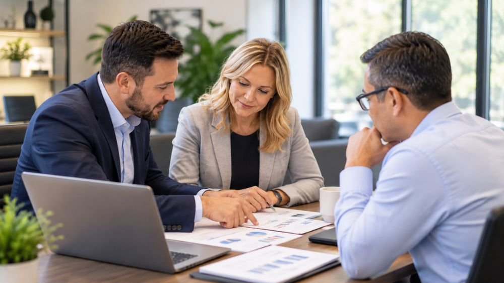 commercial-crime-insurance-review Business professionals reviewing financial reports and insurance documents during an office meeting.