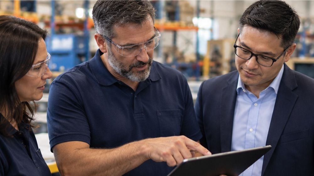 commercial-crime-risk-factory-review Factory manager and business professionals reviewing operational information on a tablet in an industrial workplace.