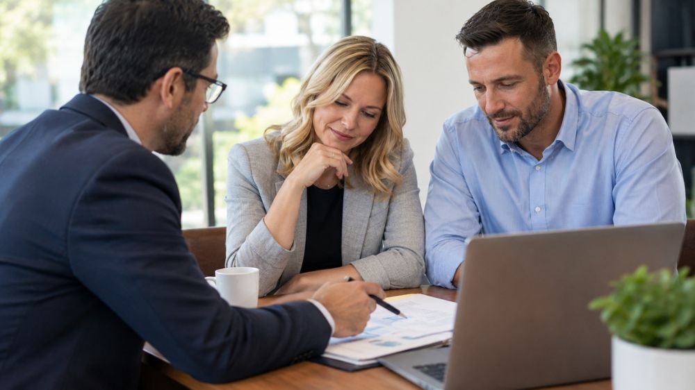 commercial-lease-insurance-review Three business professionals reviewing documents and a laptop together during an office meeting.