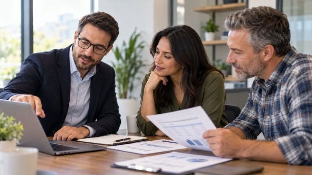 compare-business-insurance-options Business owner and insurance advisor comparing coverage options and business insurance documents