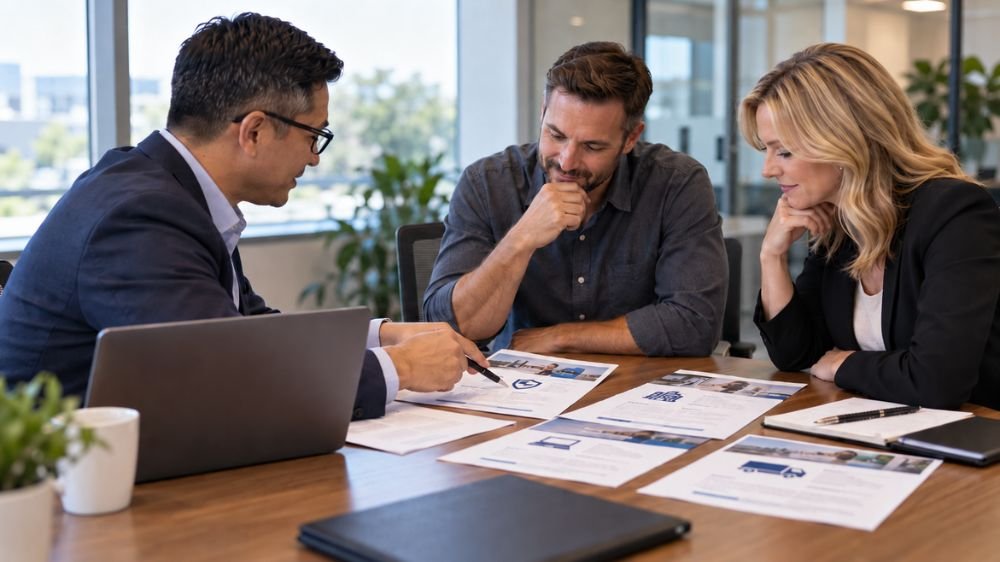 Business owners reviewing business insurance coverage options with an advisor