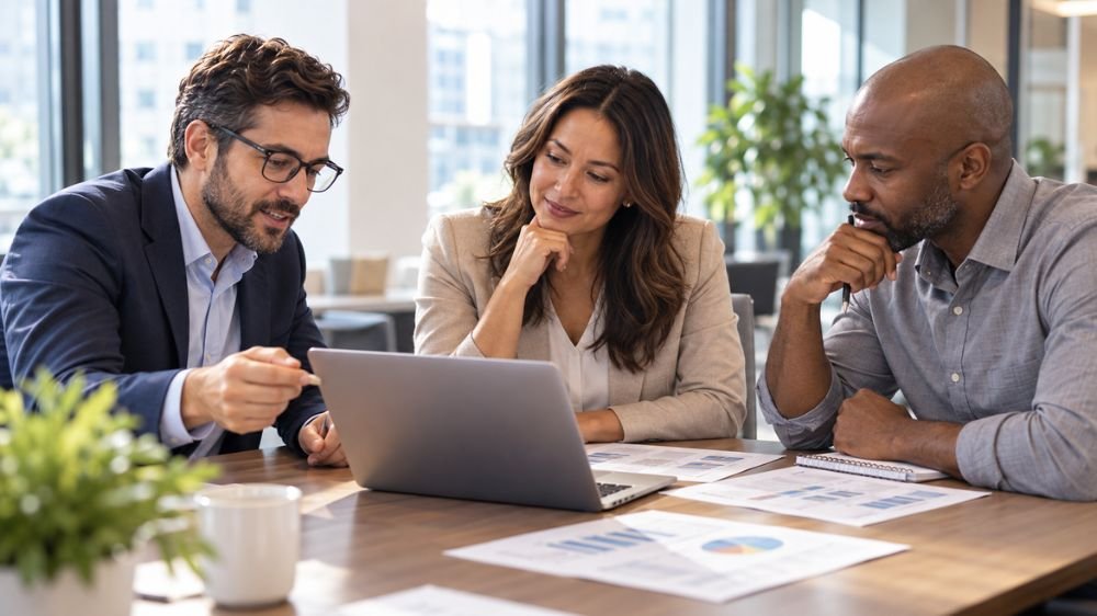 compare-health-insurance-quotes Business professionals comparing health insurance options on a laptop and printed reports.