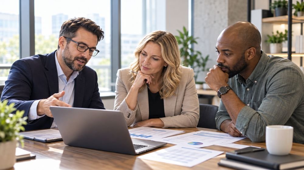 Insurance advisor and business owners reviewing liability insurance quotes, coverage options, and financial reports.