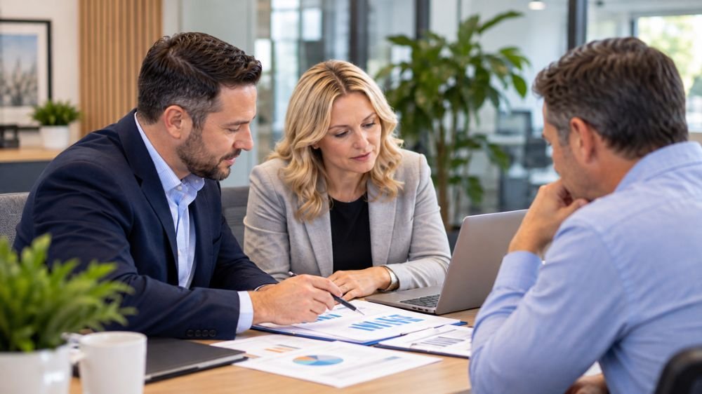 comparing-small-business-health-insurance-quotes Three business professionals comparing health insurance information, charts, and coverage options during a meeting.