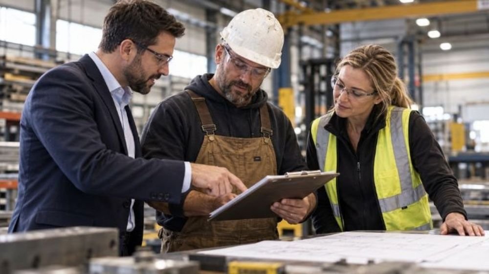 contract-bond-project-review Business advisor and contractors reviewing project documents at an industrial worksite