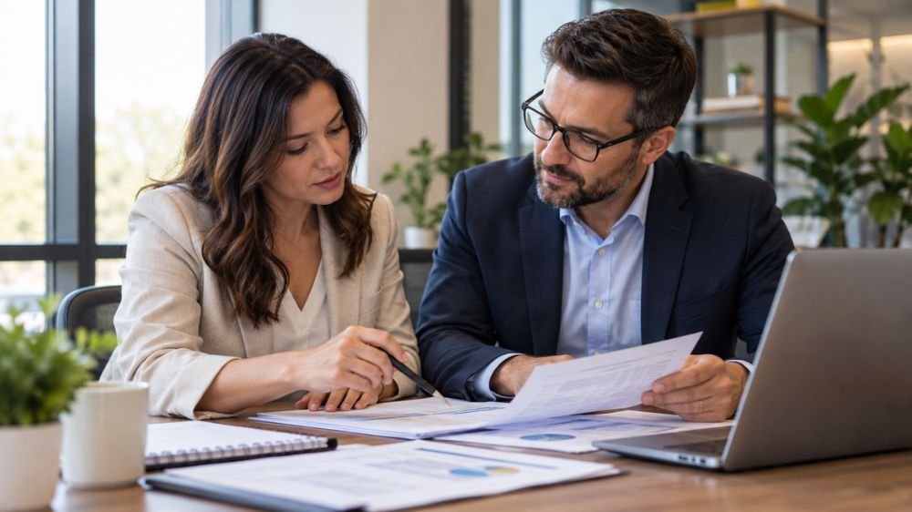employee-benefits-enrollment-review-final Two HR professionals reviewing employee benefits enrollment records and paperwork at an office desk.