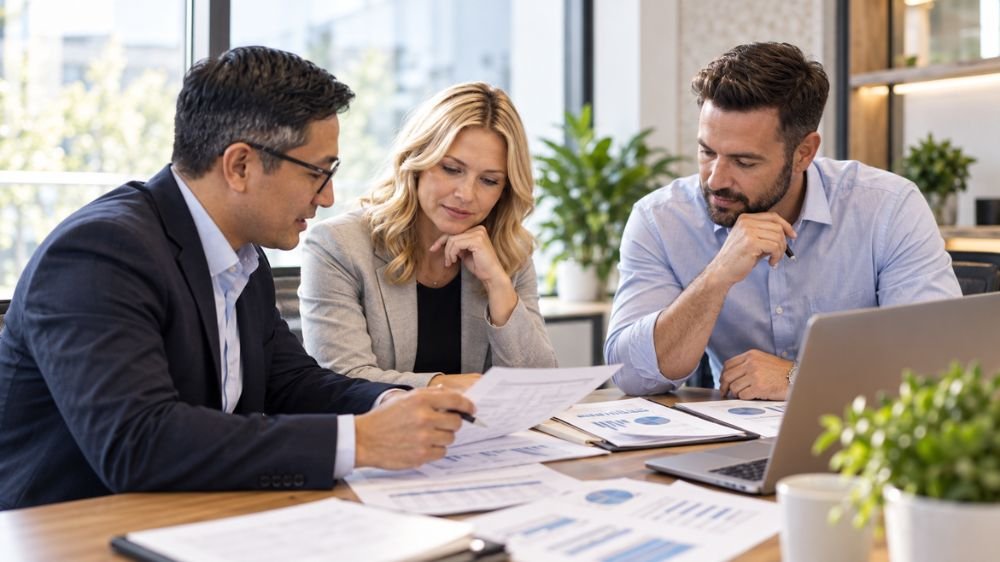 employee-benefits-expense-review Three business professionals reviewing employee benefits expense reports and financial documents at an office table.