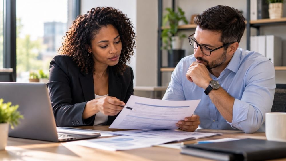 employee-benefits-policy-review-final Insurance professional discussing employee benefits coverage documents with a business owner.