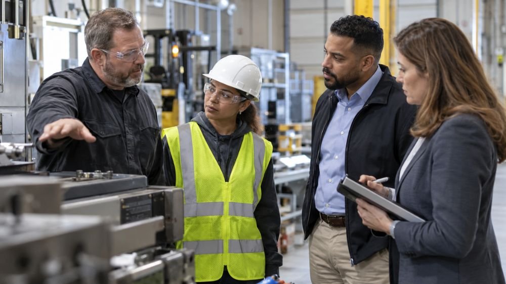 Manufacturing supervisor discussing workplace equipment and potential safety risks with business professionals on a factory floor.