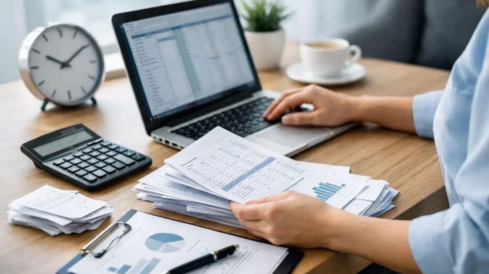 eo-insurance-coverage-limits-review Business professional reviewing financial documents with a calculator and laptop.