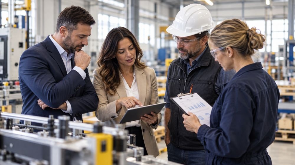 Insurance advisors and manufacturing professionals reviewing workplace equipment and business risks