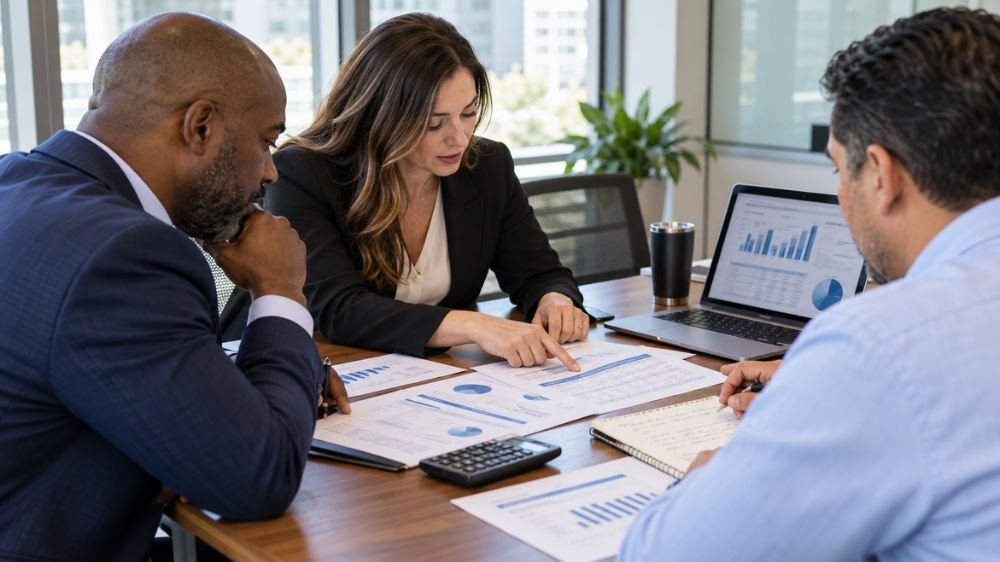 Business professionals reviewing health insurance cost comparisons, employer contributions, and plan expenses during an office meeting.