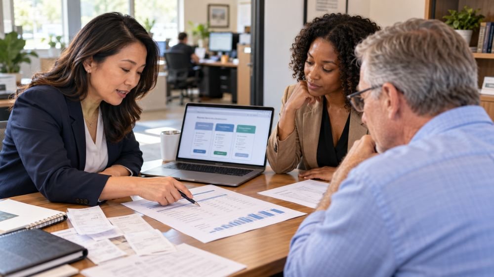 Business professionals reviewing health insurance cost comparisons, employer contributions, and plan expenses during an office meeting.