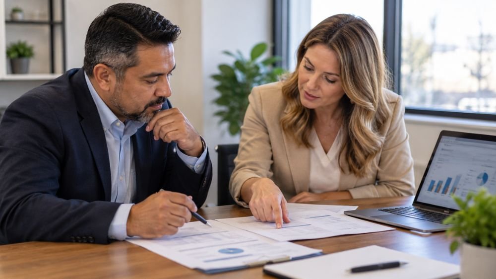 ichra-reimbursement-review Business owner and benefits professional reviewing ICHRA reimbursement documents and health plan information at an office table.