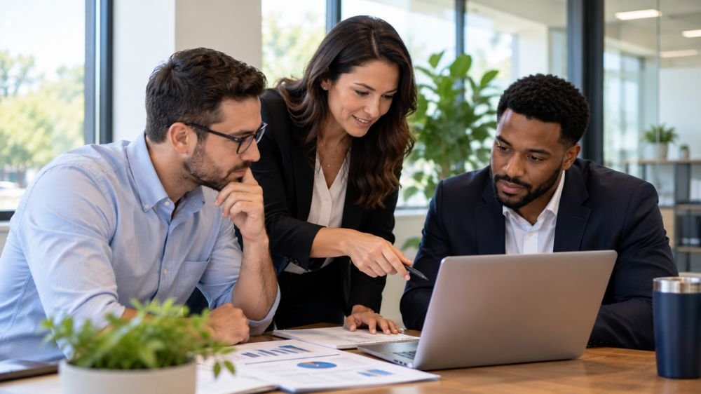 ichra-vs-group-health-insurance Three business professionals reviewing health plan comparisons, contribution figures, and benefit options on a laptop and printed reports.