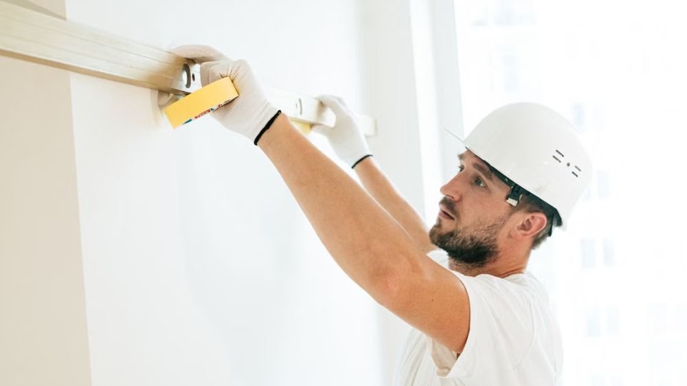independent-contractor-at-work Independent contractor measuring and installing materials while wearing a hard hat and work gloves