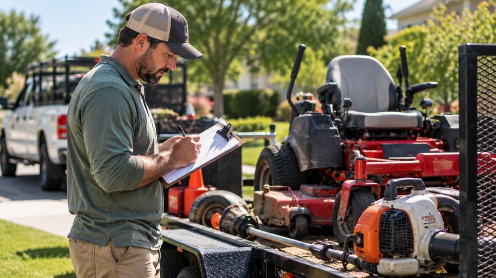 lawn-care-equipment-risk-inspection-new Lawn care business owner reviewing an equipment checklist beside a commercial mower, utility trailer, and work truck.