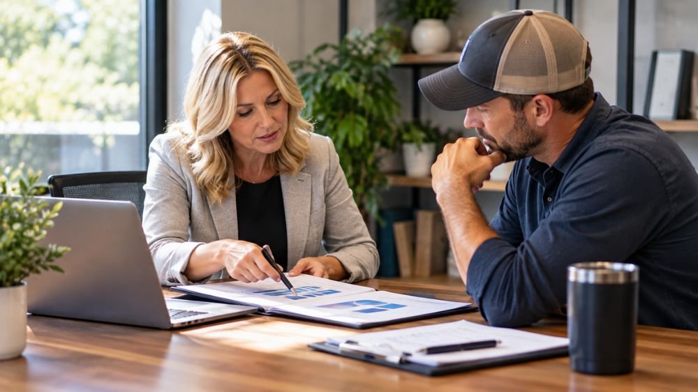 lawn-care-insurance-quote-review Lawn care business owner reviewing insurance coverage and cost comparison documents with an insurance advisor.